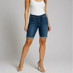 31 PAIGE Mid Rise Jax Knee Short Dark Wash Cuffed Shorts